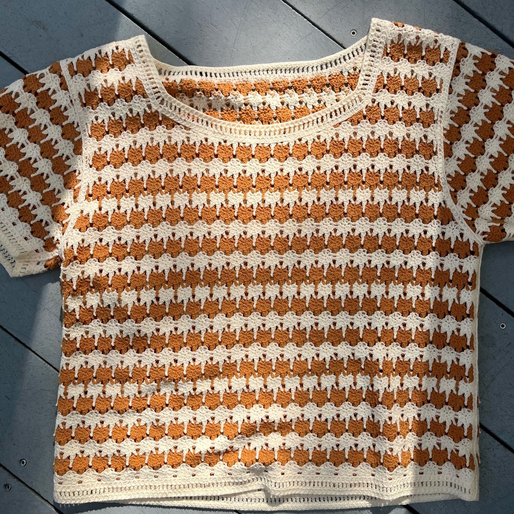 Crochet Patterned Short Sleeve Peach Orange Boho Top